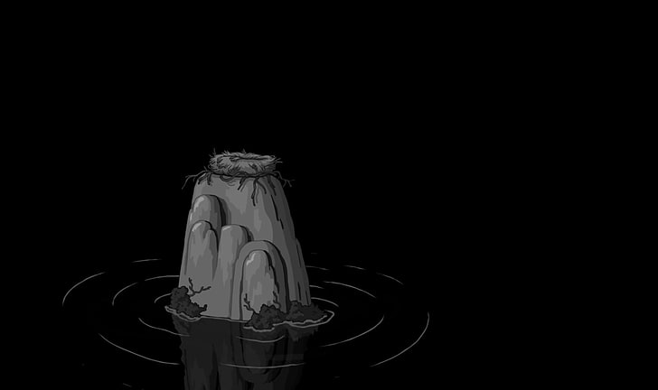 иллюстрация серая скала, время приключений, темный, черный, вода, произведения искусства, монохромный, HD обои