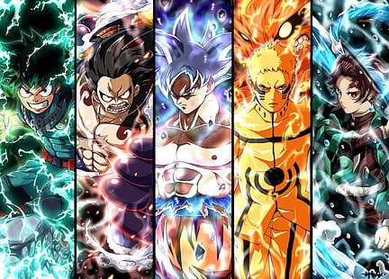 Anime, Crossover, Demon Slayer: Kimetsu no Yaiba, Dragon Ball, Goku, Izuku Midoriya, Kurama (Naruto), Monkey D.Luffy, My Hero Academia, Naruto, Naruto Uzumaki, One Piece, Tanjirou Kamado, วอลล์เปเปอร์ HD HD wallpaper