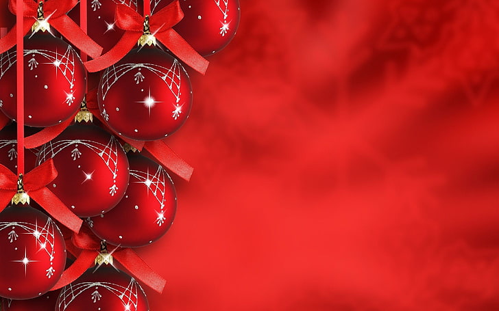 красные рождественские безделушки обои, рождество, безделушки, бантик, HD обои