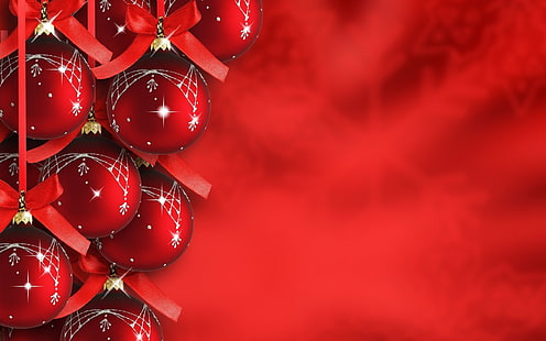 kırmızı Noel baubles duvar kağıdı, Noel, baubles, yay, HD masaüstü duvar kağıdı HD wallpaper