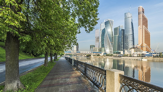moscow, city, water, skyline, tree, skyscraper, moscow river, river, daytime, cityscape, downtown, russia, moscow international business center, presnensky district,, business center, HD wallpaper HD wallpaper