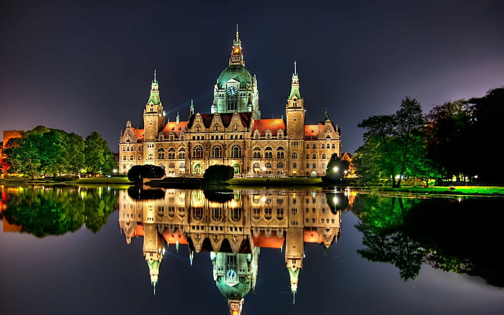 Hannover, Alemania, Edificio, Noche, Reflejo, Brillo, Fondo de pantalla HD