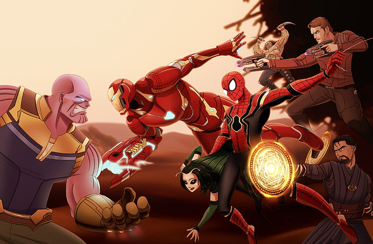 avengers infinity war, hd, 4k, ilustraciones, artista, arte digital, deviantart, superhéroes, thanos, spiderman, star lord, iron man, mantis, Fondo de pantalla HD