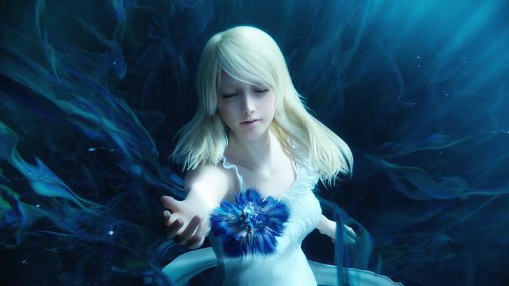 Final Fantasy XV, Lunafreya Nox Fleuret, fleurs bleues, Final Fantasy, Luna (Final Fantasy XV), Fond d'écran HD