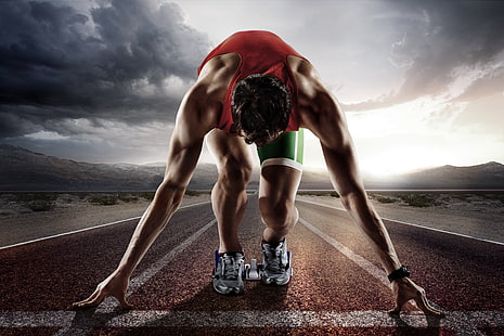 Männer rote Tank-Top und grüne Shorts, Muskeln, Pose, Training, Leichtathletik, HD-Hintergrundbild HD wallpaper