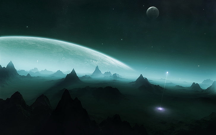 горы с видом на ночное небо, космос, планета, цифровое искусство, HD обои