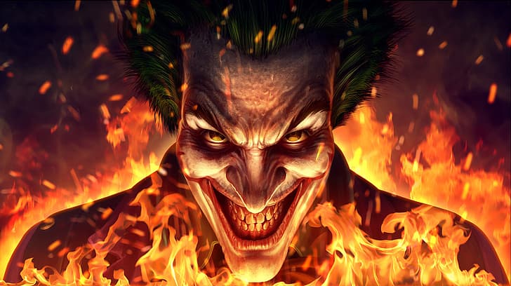 artwork, digital art, Joker, fictional character, face, smiling, fire, cropped, HD wallpaper