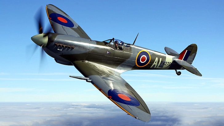 avião de combate preto, verde e cinza, o céu, voo, o avião, lutador, hélice, Spitfire, olheiro, interceptador, Supermarine, HD papel de parede