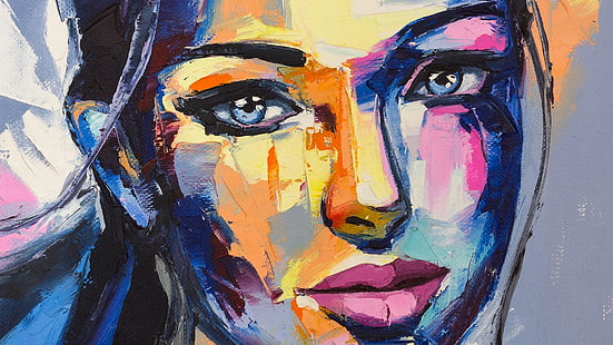 peinture, beau, coloré, huile, pinceau, traits, lèvres, yeux bleus, yeux, regard, escalier, cadre, femme, art de la peinture, Fond d'écran HD HD wallpaper