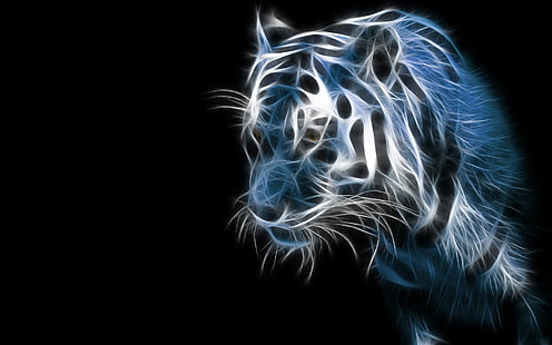 biały tygrys grafika tapety 3D, fractalius, tygrys, zwierzęta, niebieski, Tapety HD HD wallpaper