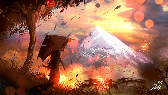 anime paisaje, escénico, montaña, otoño, mujer, puesta de sol, Anime, Fondo de pantalla HD HD wallpaper