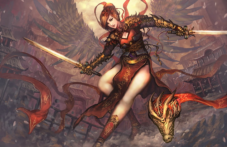 warrior, sword, fantasy art, dragon, HD wallpaper