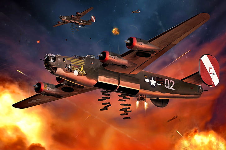 бомбардировка, B-24J, ВВС США, 8-я авиация, «Колдовство», 467-я БГ, разрывы зенитных снарядов, HD обои