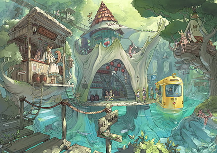 Anime-Landschaft, Fantasy-Welt, Holzhäuser, Anime, HD-Hintergrundbild HD wallpaper