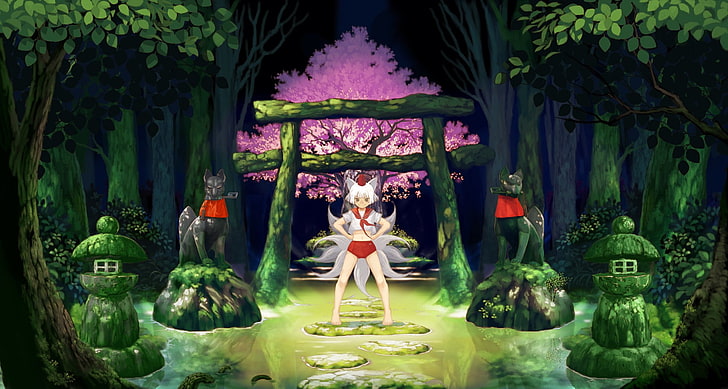 fox girl, white hair, cherry blossom, HD wallpaper