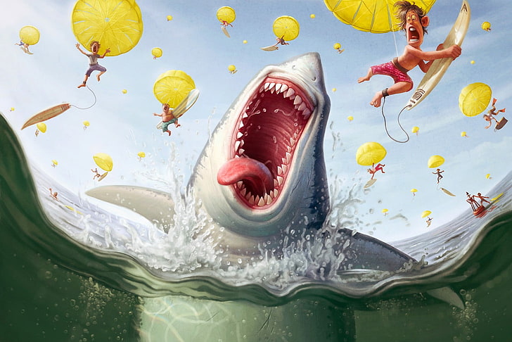shark, parachutes, people, sea, HD wallpaper