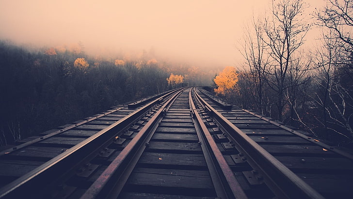 сив влак релса, железопътна линия, пейзаж, HD тапет