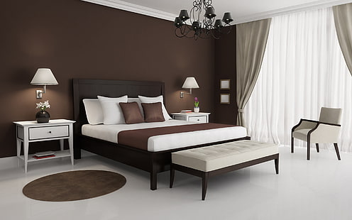 Marrón y Blanco Dormitorio, cama, muebles, sala, diseño, casa, Fondo de pantalla HD HD wallpaper