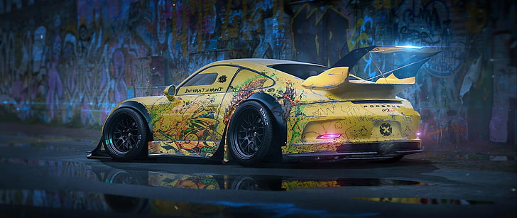 yellow coupe, ultra-wide, car, Porsche, Khyzyl Saleem, render, artwork, HD wallpaper