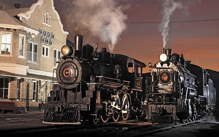 Tren negro que viaja durante la noche, vintage, tren, locomotora de vapor, vehículo, Fondo de pantalla HD