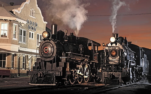 black train travelling during nighttime, vintage, train, steam locomotive, vehicle, HD wallpaper HD wallpaper