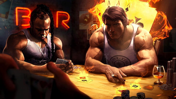 Karte, das Spiel, Poker, Arnold Schwarzenegger, Kai Greene, Kunst, HD-Hintergrundbild