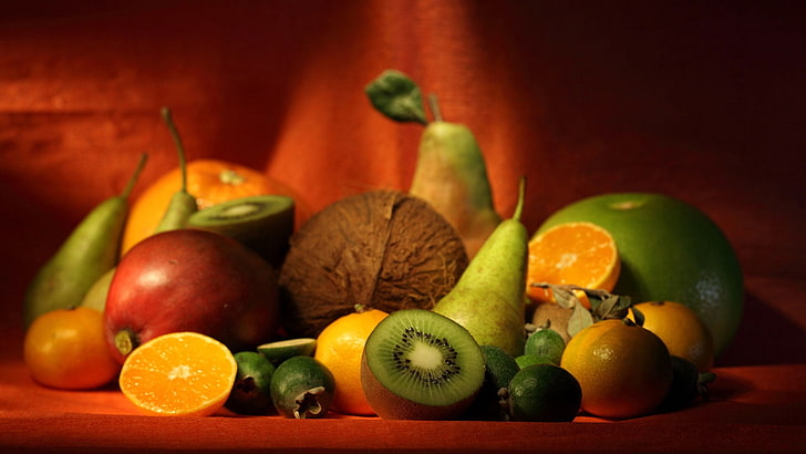 diverse frukter, kiwi, päron, apelsiner, coco, frukt, allsorts, HD tapet