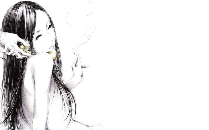 kobieta trzymająca papieros ilustracja, dziewczyna, dym, rysunek, ręce, papieros, słuchawka, sztuka, Sawasawa, Tapety HD