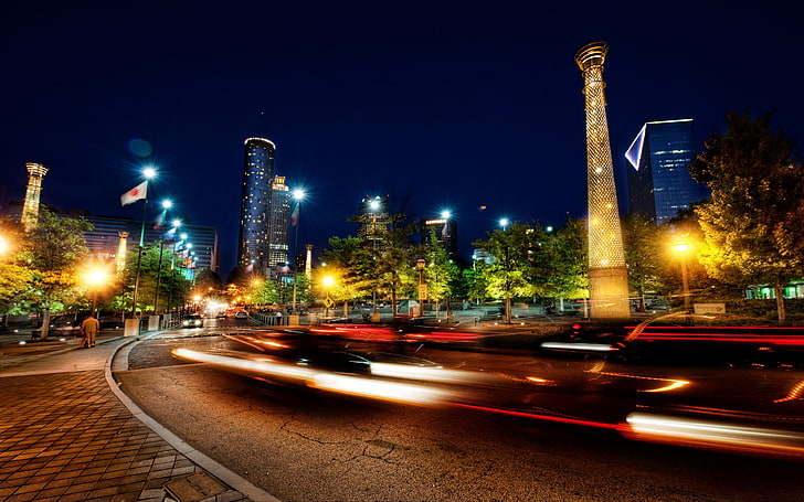 애틀랜타 도시 도로 밤 빛 긴 노출, HD 배경 화면