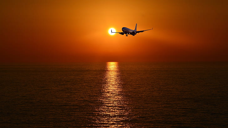 sea, sunset, the plane, HD wallpaper