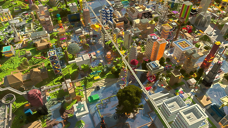 putih dan oranye wallpaper bangunan 3D, Minecraft, serigala, cityscape, video game, Wallpaper HD