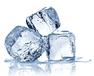 три кубчета лед, лед, вода, капки, кубчета, бял фон, HD тапет HD wallpaper