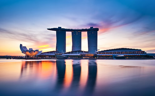 Marina Bay Sands, Singapura, paisagem urbana, Singapura, Marina Bay, arquitetura, pôr do sol, HD papel de parede HD wallpaper