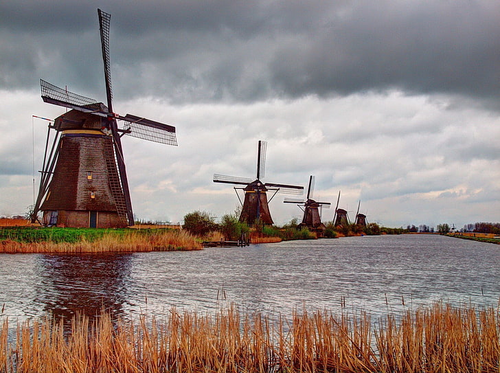 brown windmills, river, mill, wind, clouds, HD wallpaper