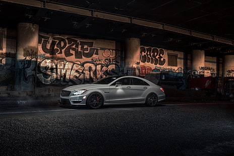 Mercedes-Benz, Mercedes-Benz CLS-Class, samochód, graffiti, luksusowy samochód, srebrny samochód, pojazd, Tapety HD HD wallpaper