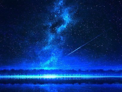 Аниме, оригинал, полярно сияние, комета, галактика, нощ, небе, звезди, дърво, HD тапет HD wallpaper
