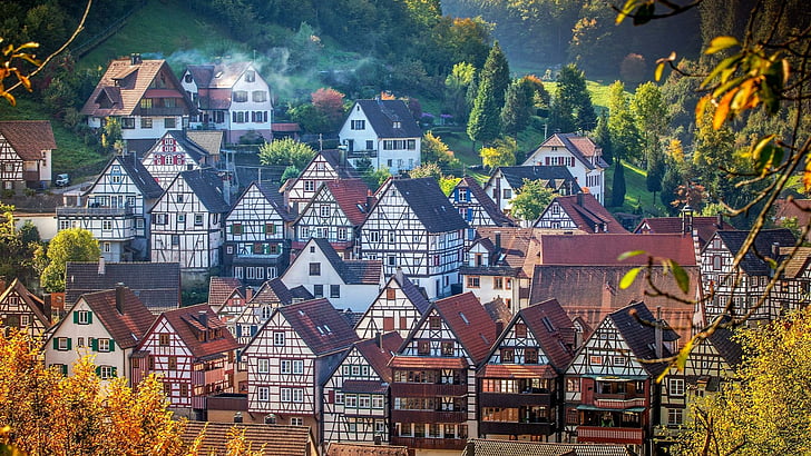 村、タウンレット、シルタッハ、ドイツ、ヨーロッパ、町、黒い森、キンツィッヒ渓谷、谷、家、木組み、木材フレーミング、木組みの家、 HDデスクトップの壁紙