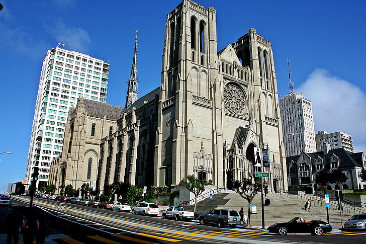 kościół z szarego betonu, kościół, San Francisco, modlitwa, pejzaż miejski, ulica, USA, Tapety HD