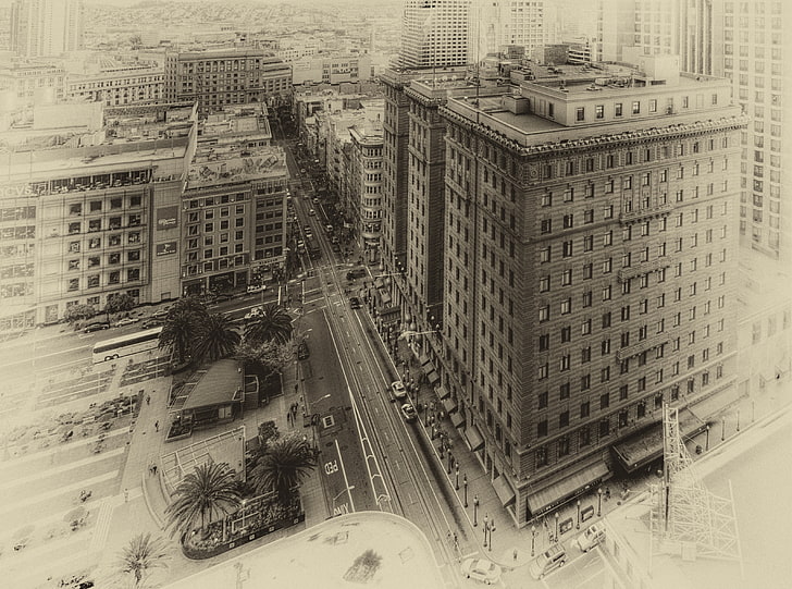 St. Francis Hotel, sketch of gray buildings, Vintage, Street, Francisco, Hotel, Yellowed, Powell, Aging, francis, HD wallpaper