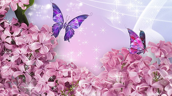 Rosa Flieder, Firefox-Person, Sterne, Lavendel, Blumen, Rosa, Seide, Frühling, Glanz, Blau, Schmetterlinge, Filetarbeit, 3d, HD-Hintergrundbild HD wallpaper