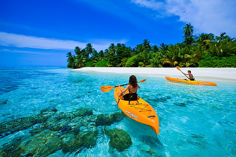 Canoa na lagoa azul nas Maldivas, dois caiaques laranja, ilha, exótico, atol, tropical, lagoa, caiaque, praia, maldivas, areia, oceano, barco, canoa, para, HD papel de parede HD wallpaper