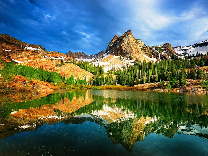 يوتا ، الولايات المتحدة الأمريكية ، الجبال ، البحيرة ، الانعكاس ، الأشجار ، الطبيعة ، المناظر الطبيعية، خلفية HD