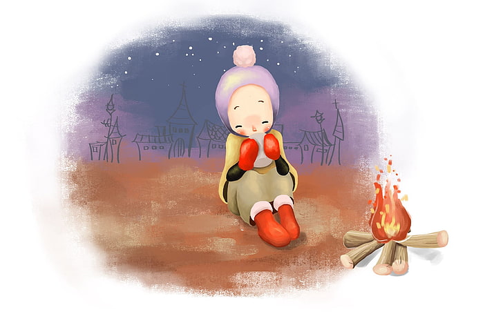 osoba siedząca przy ognisku obrazek, rysunek, dziewczyna, zima, czapka, rękawiczki, herbata, ogień, ciepło, komfort, domy, śnieg, Tapety HD