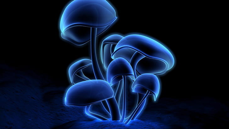 Absract, art, blue, CG, digital, Mushrooms, nature, psychedelic, HD wallpaper