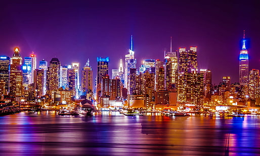 Река Хъдсън, Ню Йорк, снимка на високи сгради, светлини, град, панорама, нощ, река Хъдсън, небостъргачи, Ню Йорк, Ню Йорк, WTC, силует на града, силует, HD тапет HD wallpaper