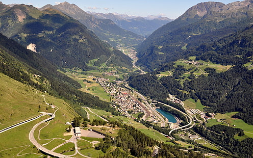 Alps, Switzerland, landscape, mountains, road, valley, town, trees, HD wallpaper HD wallpaper