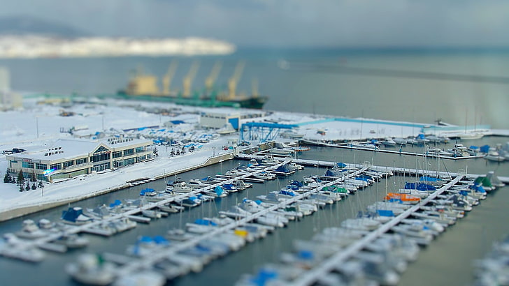 photographie avec lentille inclinable de bateaux empilés, navires de couleurs assorties, yacht, tilt shift, jetée, marina, bateau, Fond d'écran HD