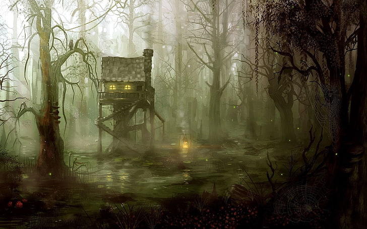 ilustrasi pohon coklat telanjang, seni fantasi, hutan, penyihir, rawa, kabin, api unggun, Wallpaper HD