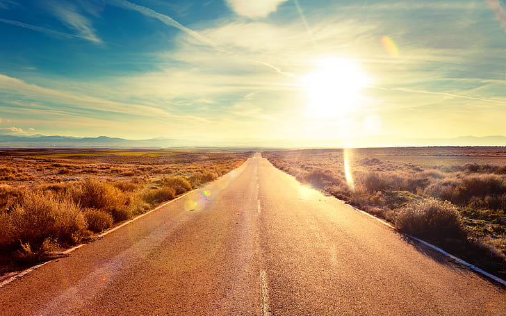 road, the sky, grass, asphalt, the sun, landscape, vacation, morning, horizon, journey, trip, to go, by car, HD wallpaper