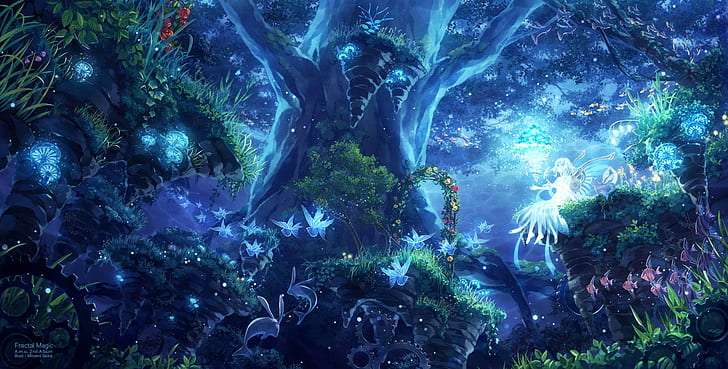 Anime Mädchen, Feenwald, Schmetterlinge, Pflanzen, landschaftlich, fraktale Magie, Anime, HD-Hintergrundbild